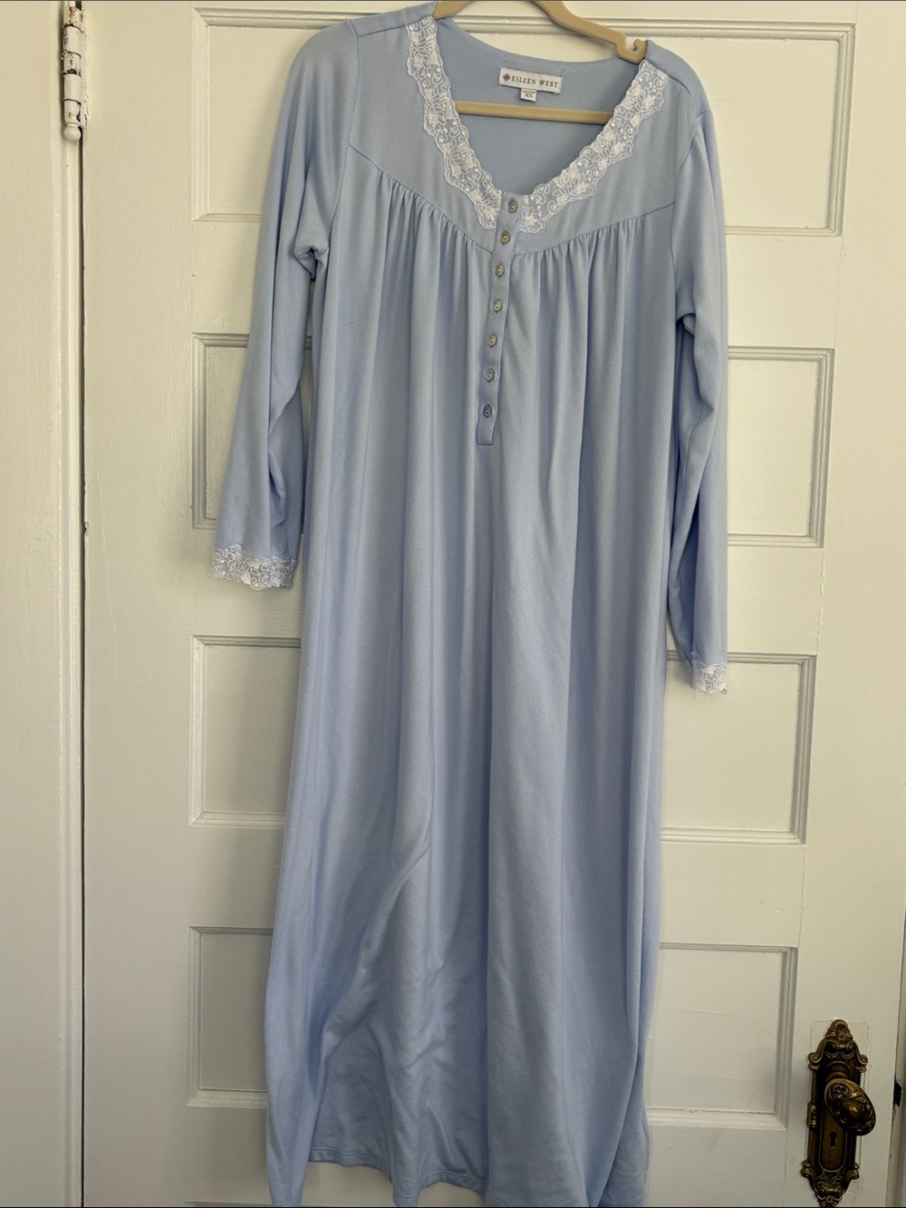 Women's Light Blue Long Sleeve Nightgown with Lace Trim-Eileen West-XS